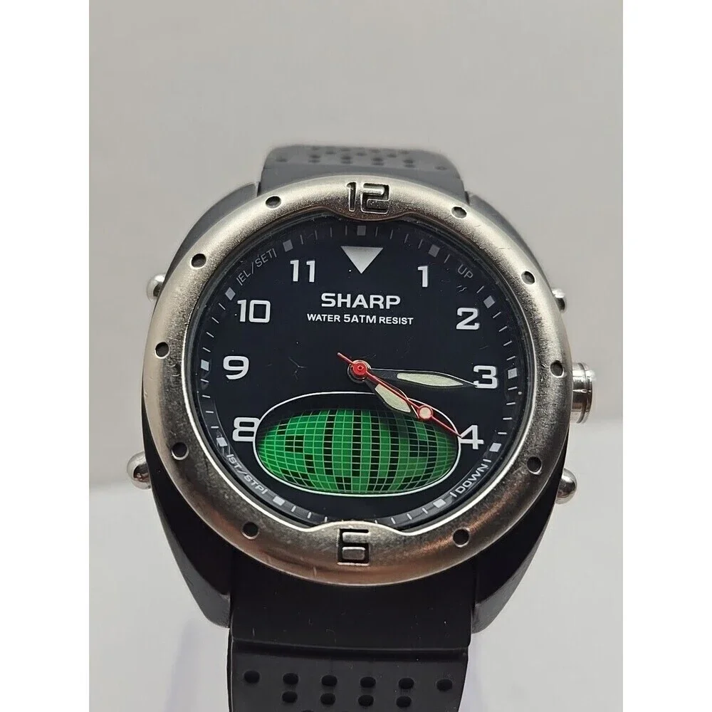 Sharp Analog Digital Quartz Sport Watch 5 ATM Black Rubber Band New Battery Mens